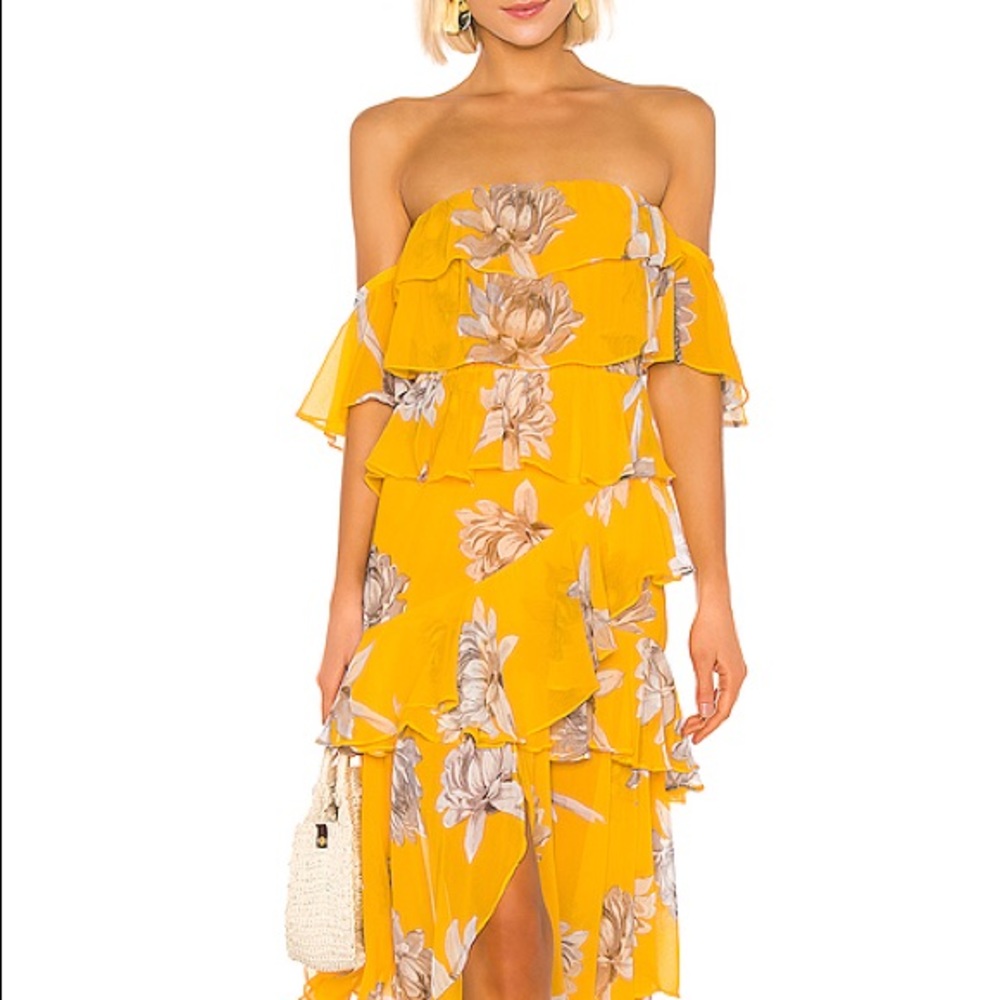 MISA yellow off the shoulder floral dress XS